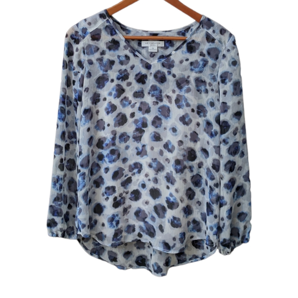 Liz Claiborne Top Blouse V-Neck Attached Camisole Petite Medium Black Blue White